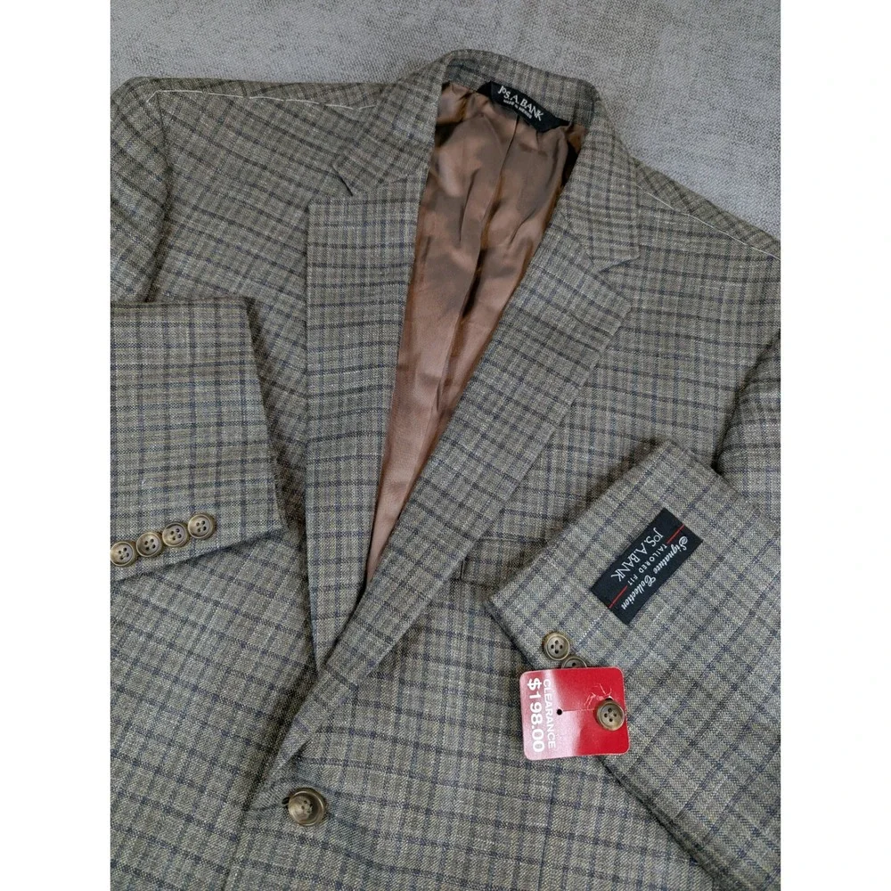 Jos A Bank Blazer Men 44 Brown Plaid Wool Silk Linen Signature Collection Jacket